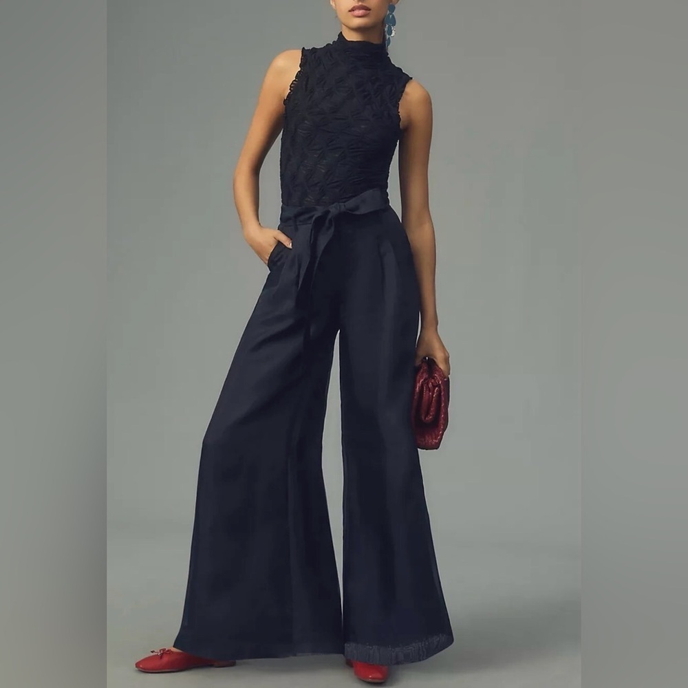 Anthropologie 100% Silk Navy Blue Wide Leg Organza Palazzo High Waist Trousers